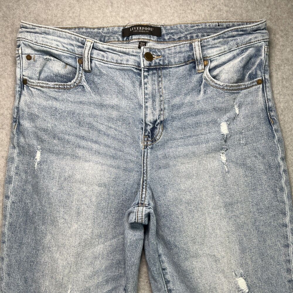 Liverpool Jeans Hannah Crop Flare Leg 12/31 Blue Distressed Denim Fray Hem Boho - Picture 5 of 16